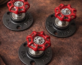 Industrial Steampunk Coat Hooks – Red Valve Pipe Hooks (Set of 3)