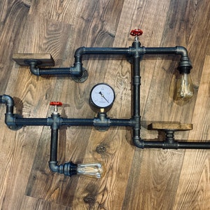 Steam punk wall art lighting  Steampunk farmhouse decor pipe work wall shelving engine room art light e27 lamp holder