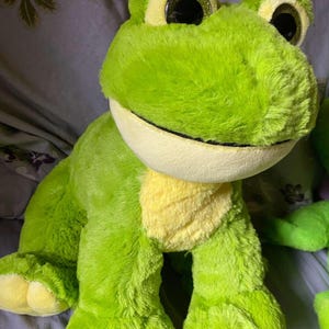 May include: A large green plush frog with yellow accents and big, black eyes. The frog is sitting on a patterned fabric.