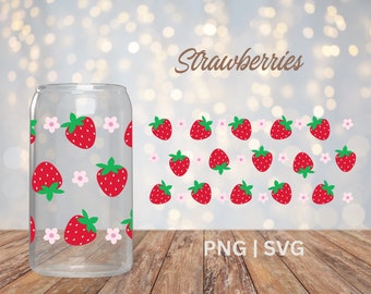 Strawberry 16 oz Glass Can Cutfile, SVG PNG, Strawberry cup wrap, cup wrap, glass can wrap, 16 oz glass wrap, Instant digital download