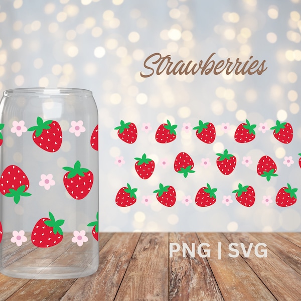 Fichier de coupe en verre fraise de 16 oz, PNG SVG, emballage de tasse aux fraises, emballage de tasse, emballage de canette de verre, emballage de verre de 16 oz, téléchargement numérique instantané