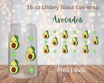Avocado 16 oz Glass Can Cutfile, SVG PNG, Avocado cup wrap, Avocado, cup wrap, glass can wrap, 16 oz glass wrap, Instant digital download
