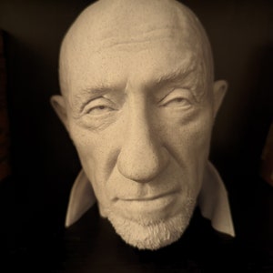 May include: A detailed, off-white bust of a man with a shaved head, a small beard, and a stern expression. The sculpture features realistic details of the face, including wrinkles and subtle shading. The bust is set against a dark background.