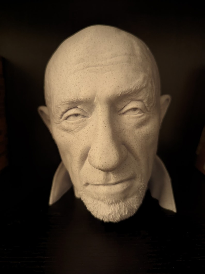 May include: A detailed, off-white bust of a man with a shaved head, a small beard, and a stern expression. The sculpture features realistic details of the face, including wrinkles and subtle shading. The bust is set against a dark background.