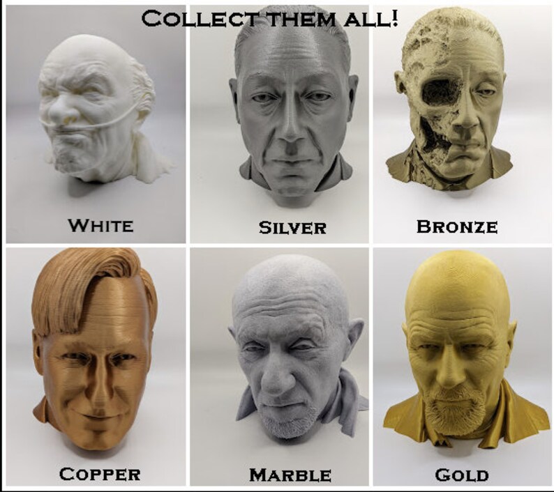May include: A collection of six busts in various colors: white, silver, bronze, copper, marble, and gold. Each bust is a detailed representation of a person's head and shoulders. The text "COLLECT THEM ALL!" is at the top, with the color names below each bust.