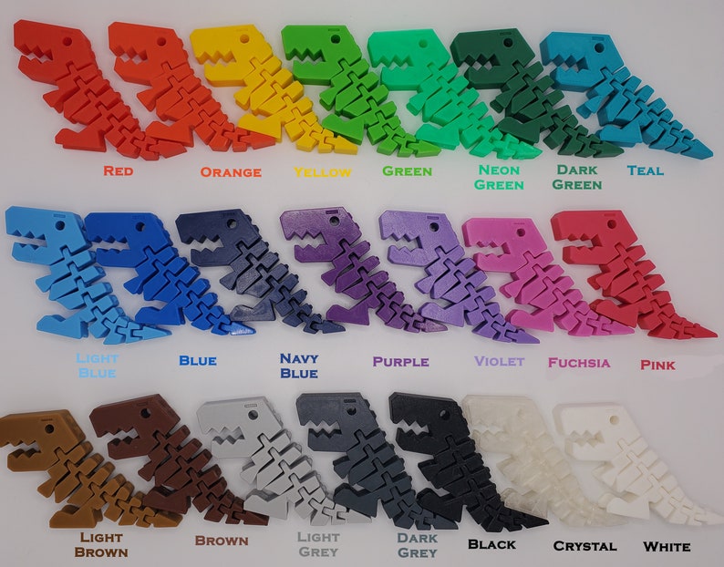 May include: A collection of articulated dinosaur toys in various colors, including red, orange, yellow, green, blue, purple, and black. Each dinosaur has a segmented body and is labeled with its color name.
