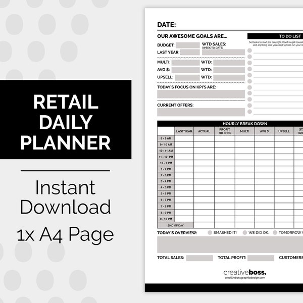 Downloadable Business Daily Sales Planner / Retail Organiser / Printable Sales Tracker / Get your Editable Instant download PDF today!