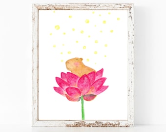 Capybara Print, Watercolor Capybara Painting, Lotus Flower, Vortex Art Print, Watercolor Painting