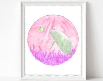 Beste vriend, Art Print, Dugong, roze, kleine vis, aquarel Manatee