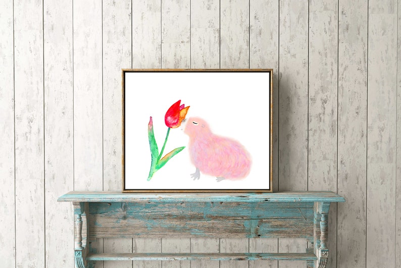May include: A watercolor painting of a pink bird with its beak touching a red tulip. The bird is fluffy and has a closed eye. The tulip is green with a red and yellow flower.