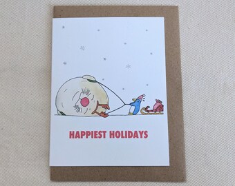 Happiest Holidays, Holiday Greeting Card, Penguin, Seal, Recycled Paper, Watercolor