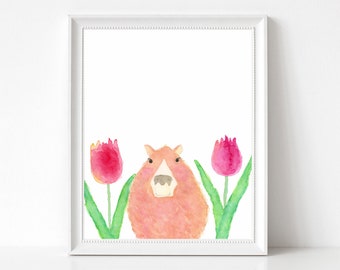 Capybara Print, Capybara Art, Watercolor Nursery Animal Print, Tulip, Art Print