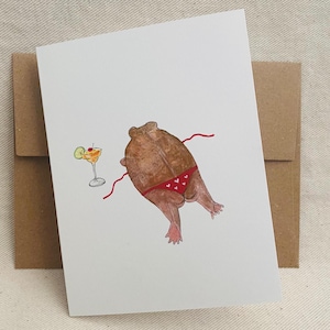 Grenouille pluie du désert, carte de voeux, bikini, plage, papier 100 % recyclé