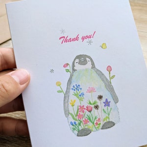 Carte de remerciement, Pingouin, Fleurs aquarelles, Papier 100% recyclé post-consommation