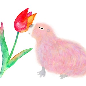 May include: A pink bird with closed eyes is smelling a red and yellow tulip.