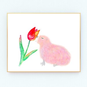 May include: A watercolor painting of a pink, fluffy creature with its eyes closed, smelling a red and yellow tulip.