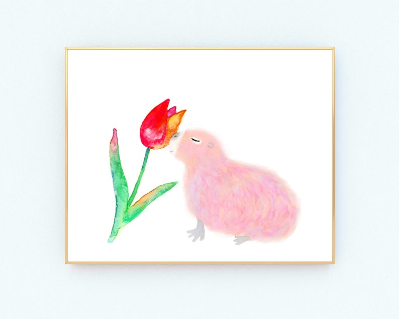May include: A watercolor painting of a pink, fluffy creature with its eyes closed, smelling a red and yellow tulip.