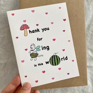 Merci d'être dans ce monde, Chat, Abeille, Champignon, Carte de voeux, Papier 100% recyclé