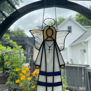 Stained glass angel with cross, guardian angel, white and blue angel with cross, window hanger, window decor, memorial angel, communion gift
