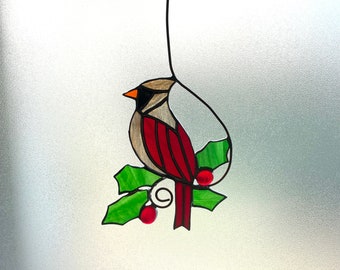 Female cardinal, red bird, nature , cardinal suncatcher, cardinal window hanger