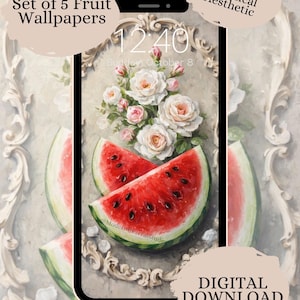 Puede incluir: Descarga digital de 5 fondos de pantalla de frutas. El diseño presenta una rodaja de sandía con semillas negras, rosas blancas y el texto "Vintage Botanical Aesthetic". La hora en el teléfono es 12:40.