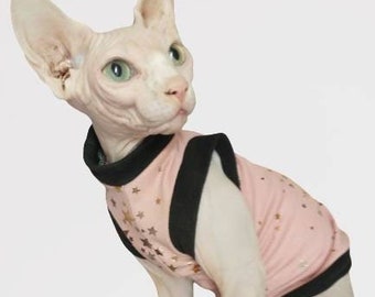 Pink Sparkly Gold and Silver Foil Stars Sphynx Cat Shirt, Pink Stars One or Two Arm Holes Available, Sphinx Shirt