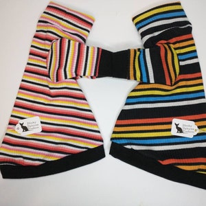 May include: Two striped dog sweaters made from black ribbed fabric. One sweater has pink, yellow and white stripes. The other sweater has blue, orange and white stripes. Both sweaters have black ribbed cuffs and collars. The sweaters have tags that say "Skinny Sphynx Fashion".