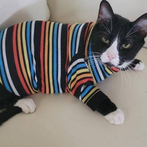 May include: A black and white cat wearing a colourful striped shirt, lying on a white sofa.
