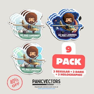May include: A 9-pack sticker set featuring a cartoon illustration of Bob Ross painting while flying a plane. The stickers have the text "No Bad Landings, Just Happy Little Impacts" and are available in regular, dark, and holographic finishes. The set is 40% off.