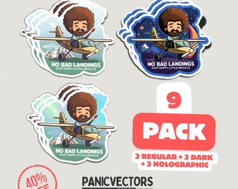 Könnte beinhalten: Ein 9er-Sticker-Set mit einer Cartoon-Illustration von Bob Ross, der malt, während er ein Flugzeug fliegt. Die Sticker haben den Text "No Bad Landings, Just Happy Little Impacts" und sind in den Ausführungen normal, dunkel und holografisch erhältlich. Das Set ist 40% reduziert.