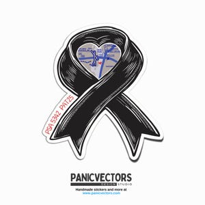 May include: Black ribbon sticker with a heart-shaped map of a city inside. The sticker has the text "PSA 5342 PAT25" on the side. The sticker is from Panicvectors Design Studio.