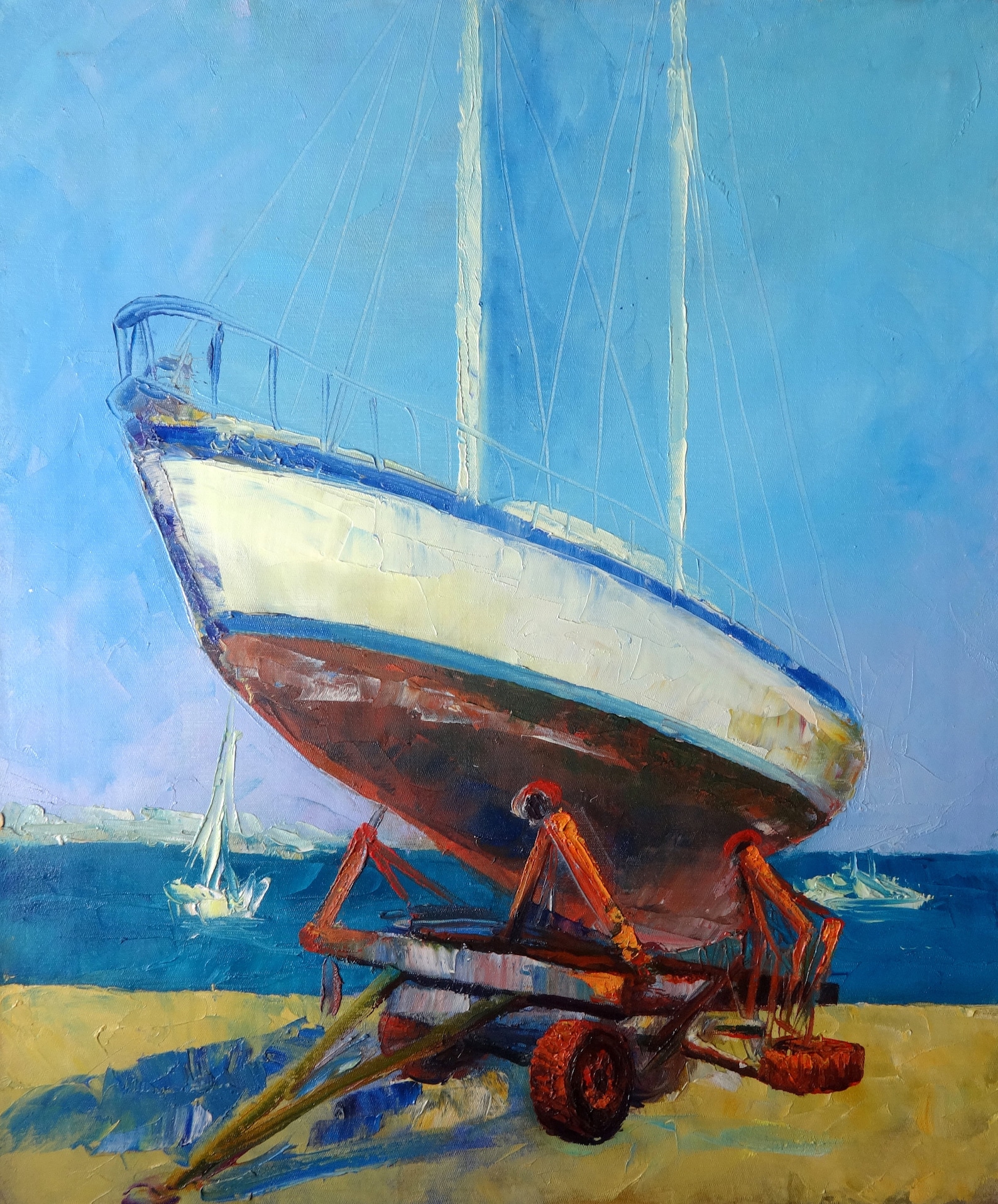 Oil painting on canvas. Yacht. Sea and yacht. Etsy