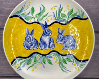 Three spring bunnies / yellow /  Handpainted dinner plates