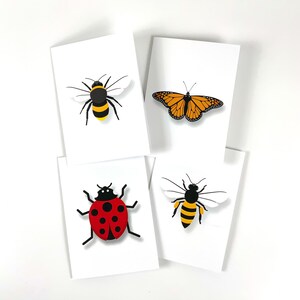 Ensemble de 4 cartes de vœux d’illustration d’insectes, cartes de notes, illustration d’oiseau minimaliste, abeille mellifère, bourdon, papillon monarque, coccinelle