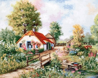 Counted Cross Stitch Kit, Luca-S, Village Landscape, 16 Count Aida, 46cm x 35cm