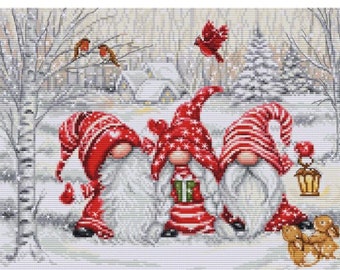 Counted Cross Stitch Kit, Luca-S, Three Gnomes In Wood, BU5050, 16 Count Aida, 29cm x 22cm