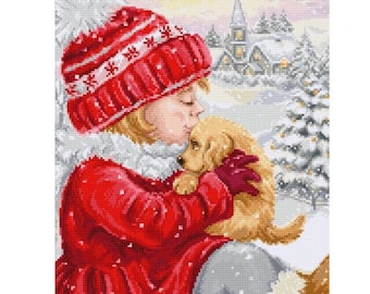 Counted Cross Stitch Kit, Luca-S, Girl Kissing Puppy, BU5027, 16 Count Aida, 23cm x 32cm