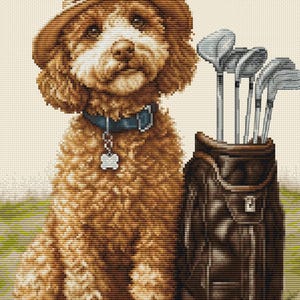 May include: A cross-stitch image of a brown dog wearing a hat and a blue collar with a dog tag. The dog is sitting next to a brown golf bag with golf clubs and a golf ball on the grass.