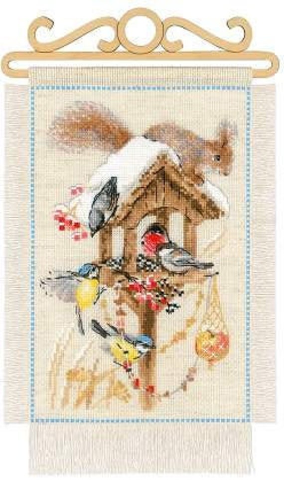 Counted Cross Stitch Kit, Riolis, Garden Winter Birds, 14 Count Aida 