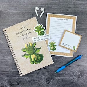 Side Quest Stationery Set – Cute Notepad, Sticky Notes, Journal & Sticker | Geeky Desk Gift for Roleplayers, Fantasy Lovers, Gamers