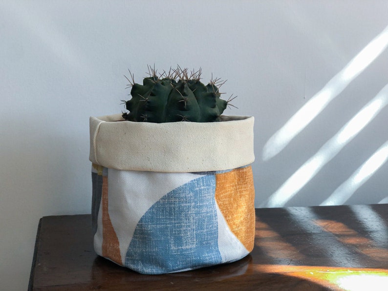 Modern Boho Pot Cover, Abstract Fabric Planter, Geo Plant Cover, Handmade Plant Bag, Orange Blue Fabric Pot, Art Deco, Modern Fabric Basket image 3