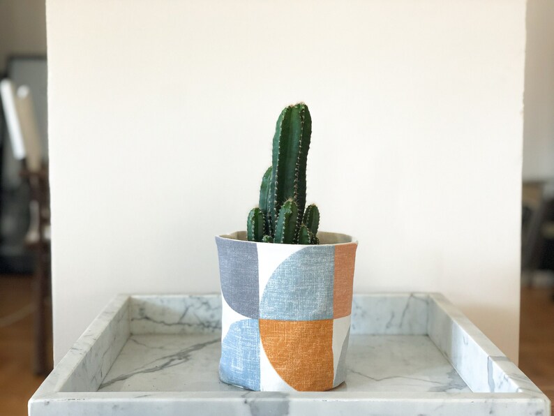Modern Boho Pot Cover, Abstract Fabric Planter, Geo Plant Cover, Handmade Plant Bag, Orange Blue Fabric Pot, Art Deco, Modern Fabric Basket image 1
