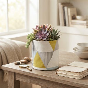 Può includere: Un coprivaso cilindrico in tessuto con un motivo geometrico di triangoli e strisce color giallo senape, grigio e bianco. Il vaso contiene diverse piante succulente, tra cui una rosetta viola, una pianta spinosa e steli ricadenti.
