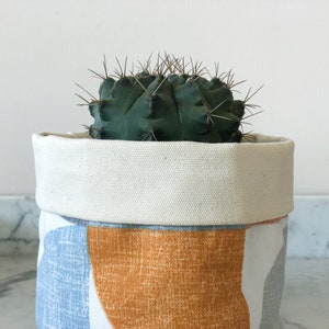 Modern Boho Pot Cover, Abstract Fabric Planter, Geo Plant Cover, Handmade Plant Bag, Orange Blue Fabric Pot, Art Deco, Modern Fabric Basket image 9