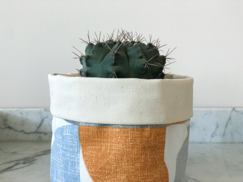 Modern Boho Pot Cover, Abstract Fabric Planter, Geo Plant Cover, Handmade Plant Bag, Orange Blue Fabric Pot, Art Deco, Modern Fabric Basket image 9