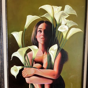 Vintage Oil Painting: Woman with Calla Lilies Portrait (43.5x25.5)