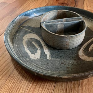 Stoneware Chip and Dip Platter, Large Handmade Signed Bowl, Blue Gray Pottery Queso Bowls, Game Day Dip Platter, Party Tray