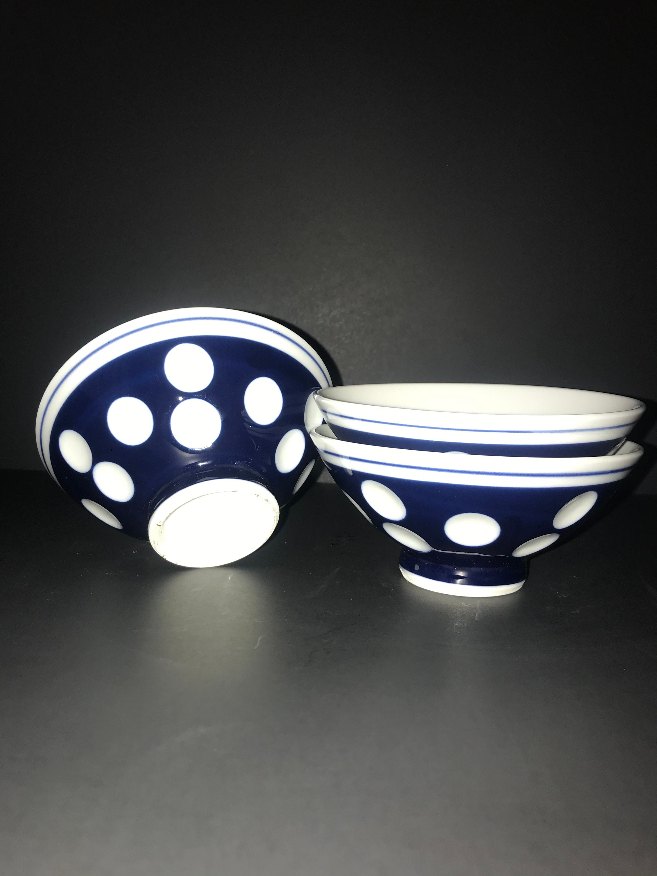 Set of 3 Blue Textured Ceramic Pedestal Rice Bowls / Soup Bowls