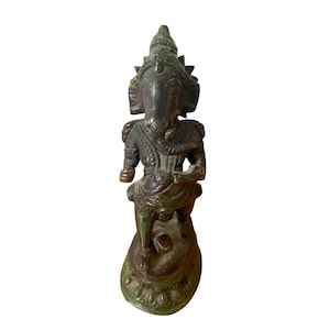 Rare Bronze Ganesha with Twisted Trunk, Hindu Elephant God Figurine | Small Indian Good Luck & Prosperity Decor Figurine, Yoga Altar Accent