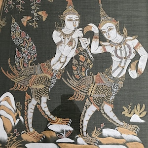 Vintage 1970s Thai Hand Painted Figural Scene On Silk with Hand Painted Bird Figures, 1970s Traditional Thai Style Kinnara Kinnari Painting
